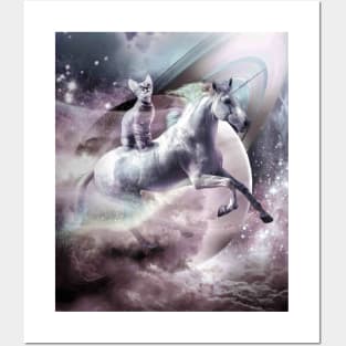 Rainbow Galaxy Cat Riding Unicorn In Space Posters and Art